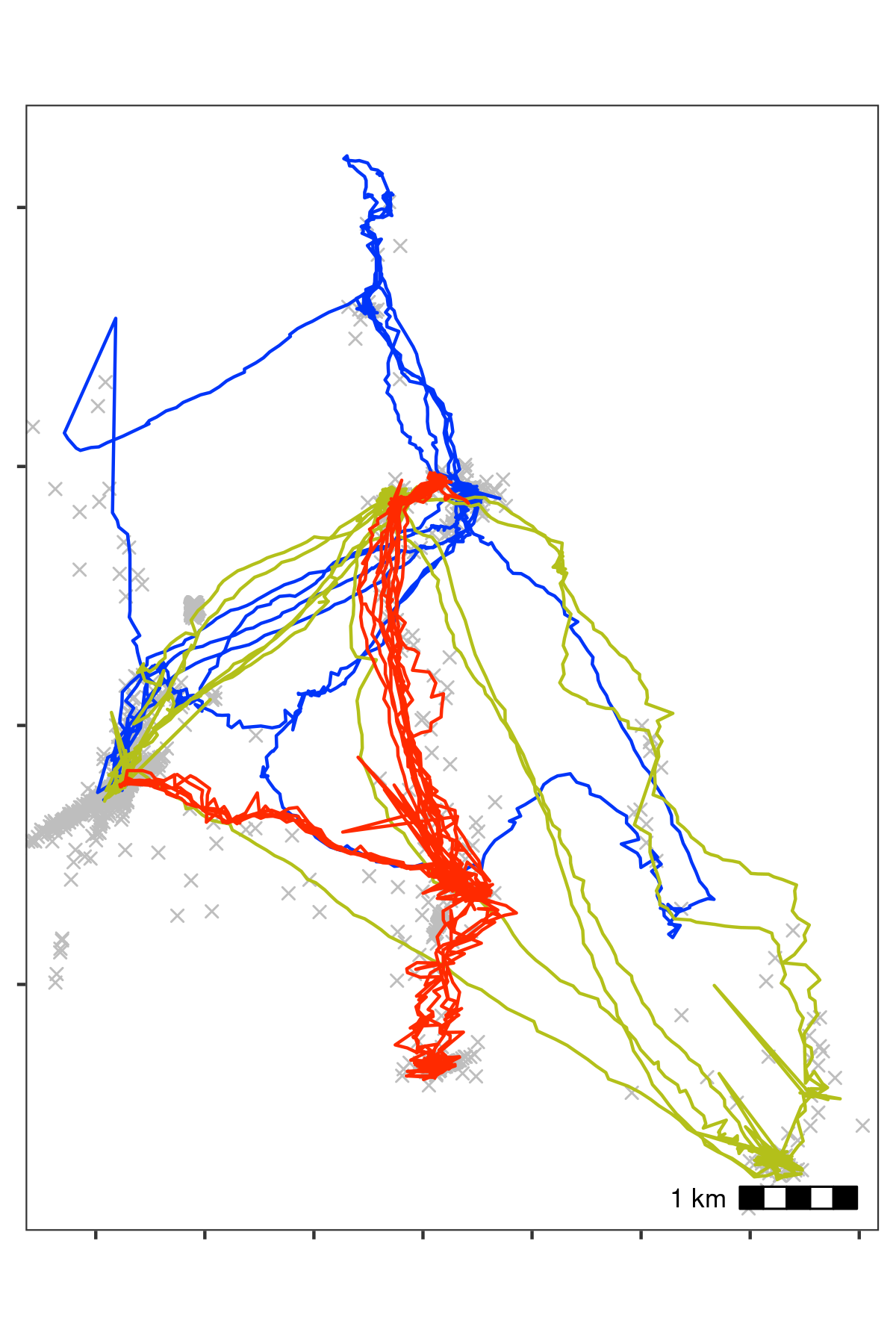 Bat data filtered for large location errors, removing observations with standard deviation > 20. Grey crosses show data that were removed. Since the number of base stations used in the location process is a good indicator of error (Weiser et al. 2016), we also removed observations calculated using fewer than four base stations. Both steps used the function . This filtering reduced the data to an average of 10,447 positions per individual (78% of the raw data on average). However, some point outliers remain.