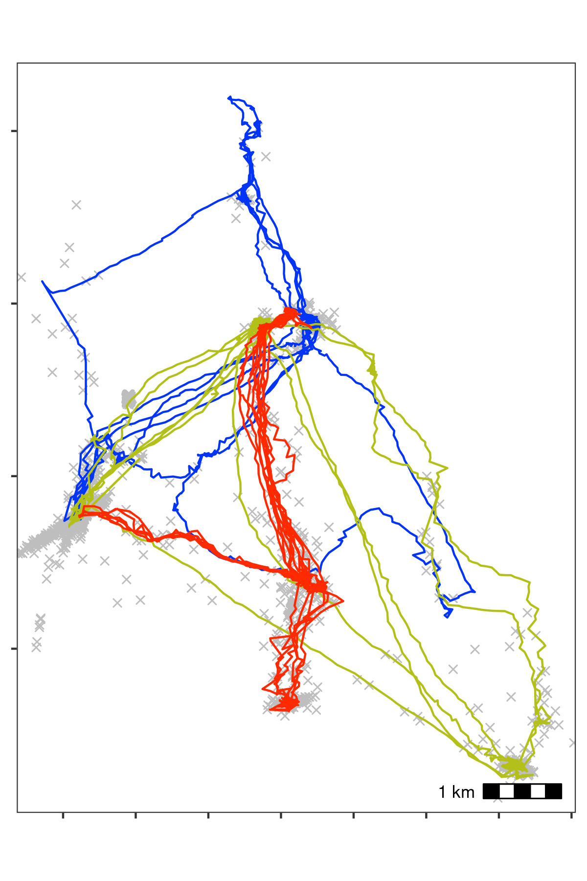 Bat data with unrealistic speeds removed. Notice, compared with the previous figure, that spikes of unrealistic movement in all three tracks have been removed. Grey crosses show data that were removed. We calculated the incoming and outgoing speed of each position using atl_get_speed, and filtered out positions with speeds > 20 m/s using atl_filter_covariates, leaving 10,337 positions per individual on average (98% from the previous step).