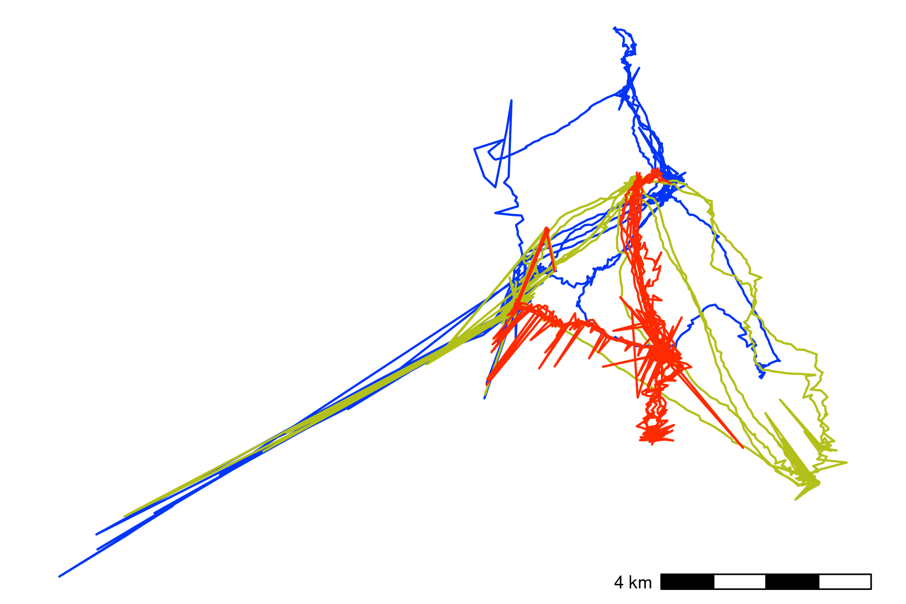 Movement data from three Egyptian fruit bats tracked using the ATLAS system (Rousettus aegyptiacus; (Toledo et al. 2020; Shohami and Nathan 2020)). The bats were tracked in the Hula Valley, Israel (33.1^{\circ}N, 35.6^{\circ}E), and we use three nights of tracking (5, 6, and 7 May, 2018), for our demonstration, with an average of 13,370 positions (SD = 2,173; range = 11,195 – 15,542; interval = 8 seconds) per individual. After first plotting the individual tracks, we notice severe distortions, making pre-processing necesary