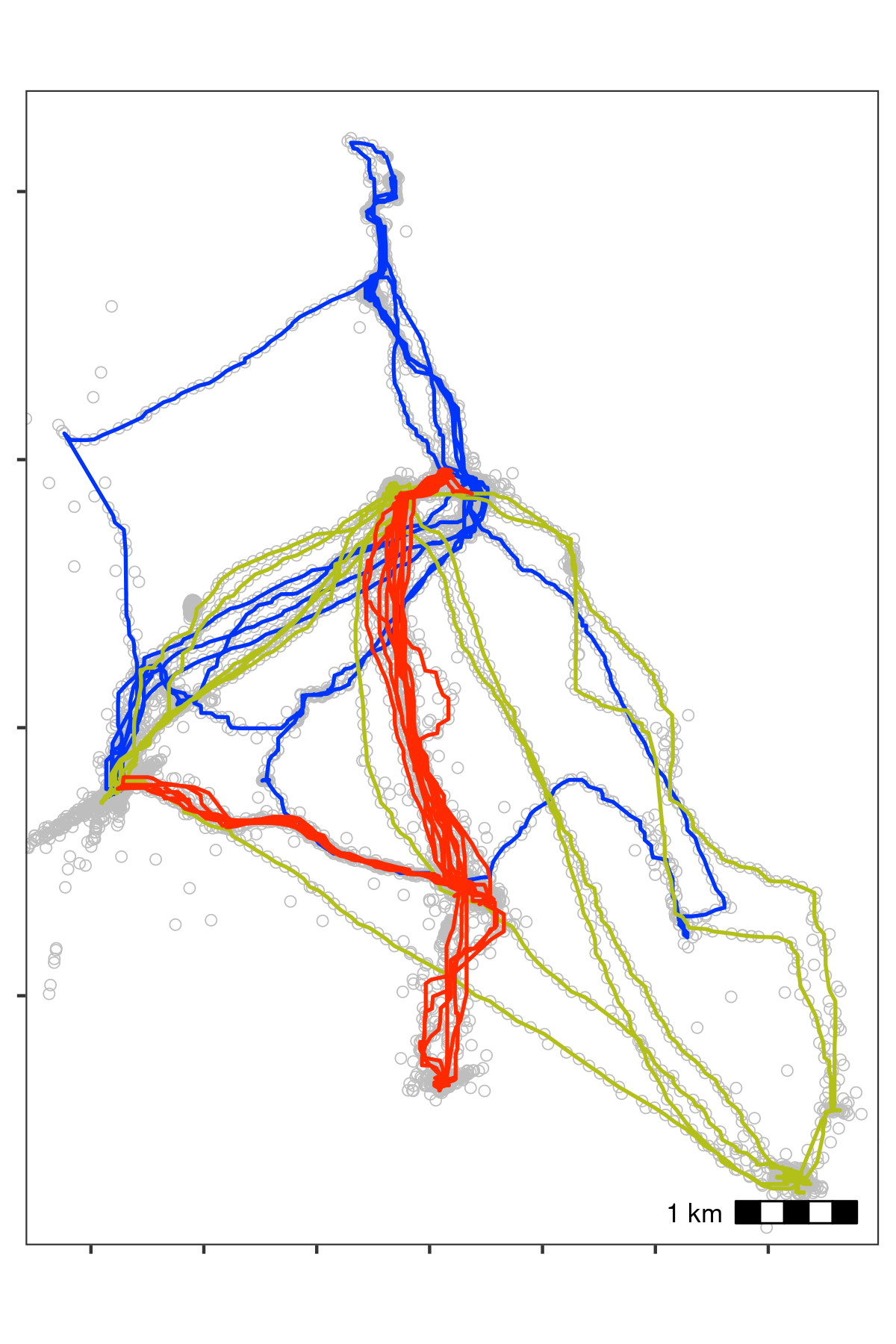 Bat data after applying a median smooth with a moving window K = 5. Grey circles show data prior to smoothing. The smoothing step did not discard any data.