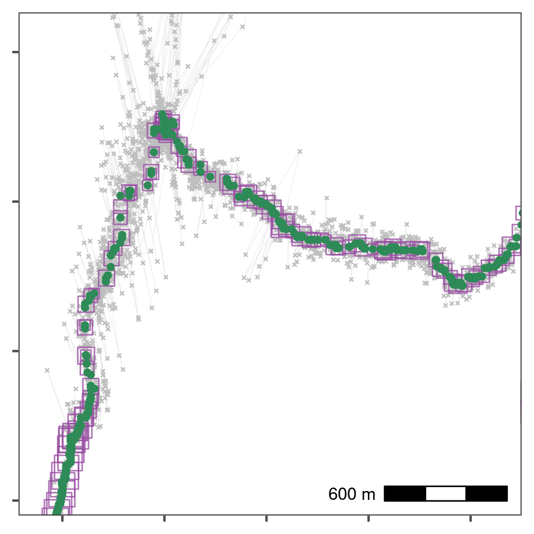 Thinning by aggregation over a 30 second interval (down from 1 second) preserves track structure while reducing the data volume for computation. Here, thinned positions are shown as purple squares, with the size of the square indicating the number of positions within the 30 second bin used to obtain the average position. Green points show the median smoothed data from Fig. 1.4, while the raw data are shown in grey. The area shown is the upper rectangle in Fig. 1.3.