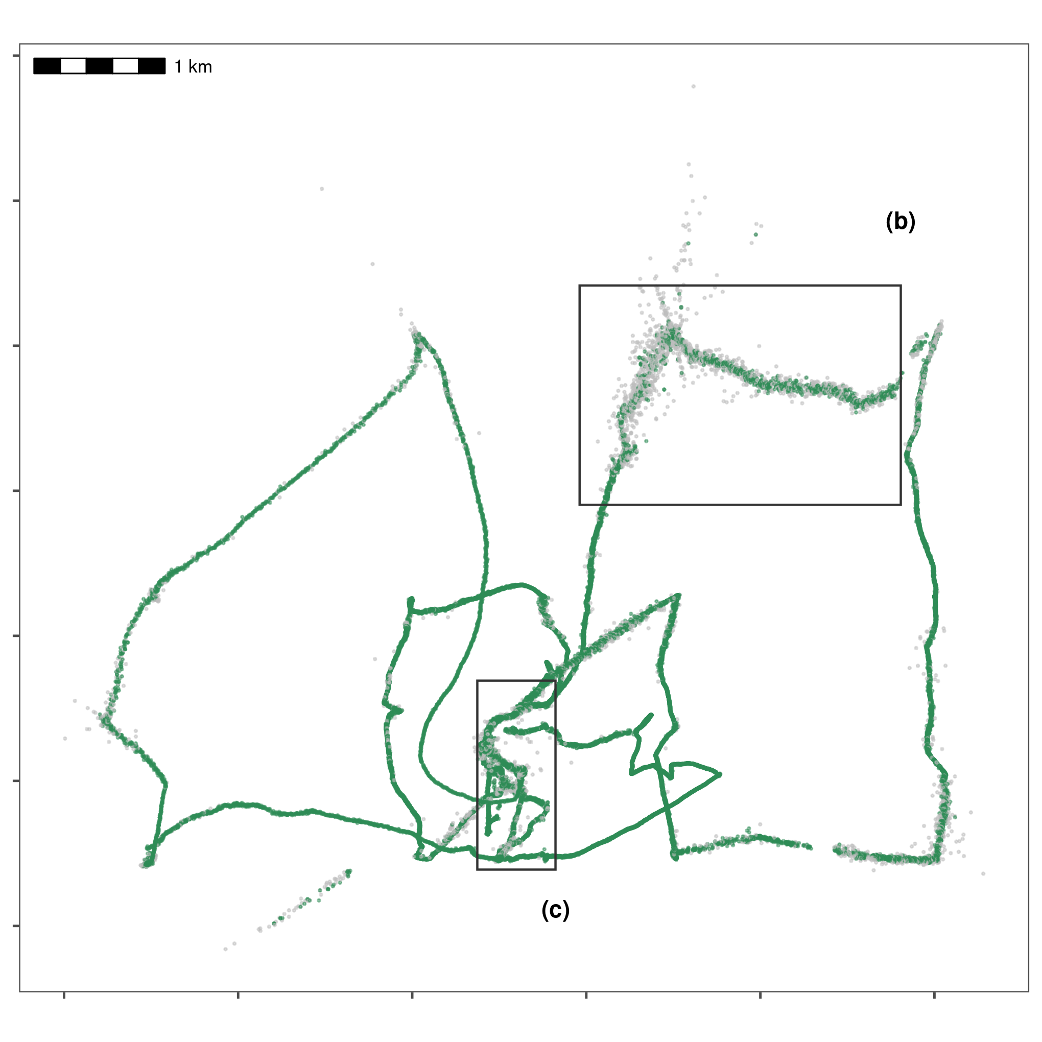 Improving data quality by filtering out positions that would require unrealistic movement. We removed positions with speeds \geq 15 m/s, which is the fastest possible speed in this calibration data, part of which was collected in a moving boat around Griend. Grey positions are removed, while green positions are retained. Rectangles indicate areas expanded for visualisation in following figures.